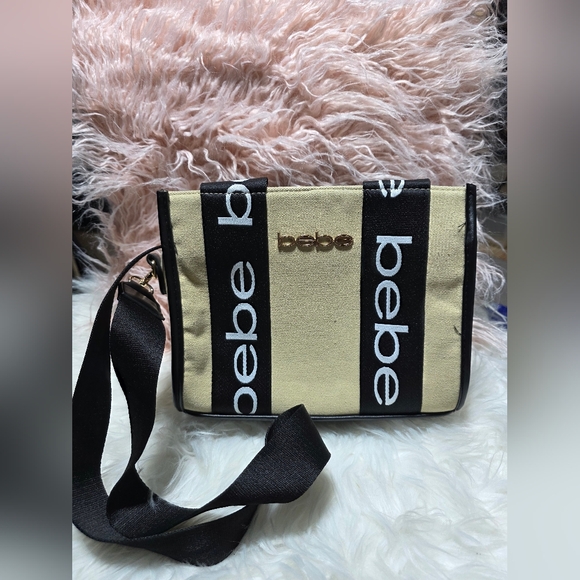 bebe Handbags - Bebe Hana Canvas Top Handle Black and Cream Crossbody Bag
